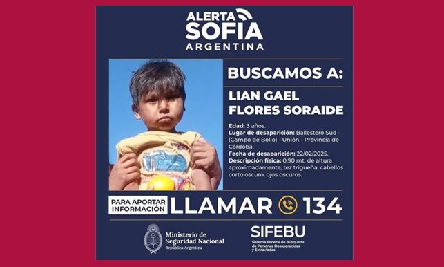 Desesperada búsqueda de Lian, el niño de 3 años desaparecido el sábado en Córdoba